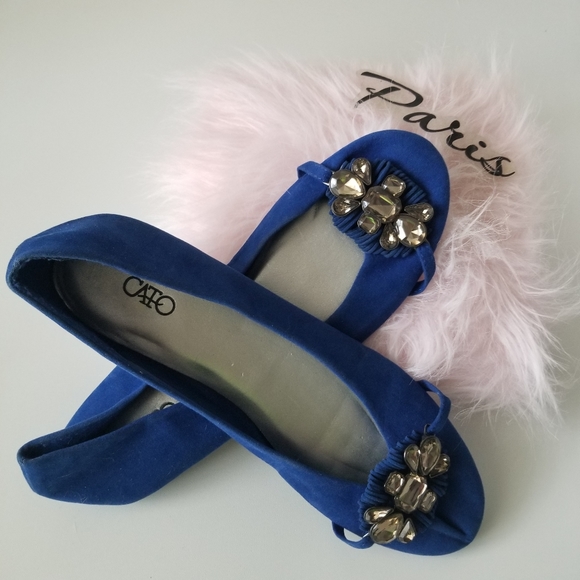 Cato Royal Blue Faux Suede Embellishments large Chungy Rhinstone Flat Ballerinas - Picture 1 of 11